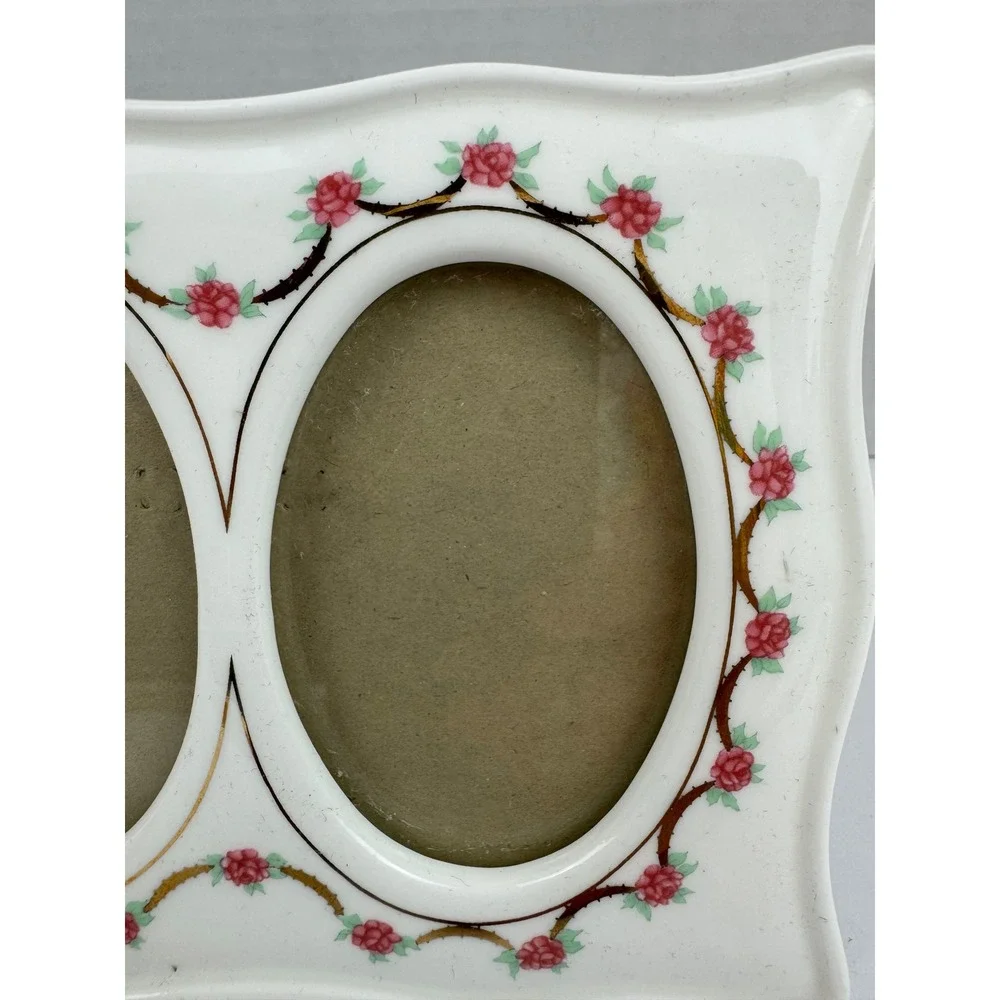 Vintage Ceramic Double Picture Frame Pink Rosebud Floral Scalloped Oval 5x7